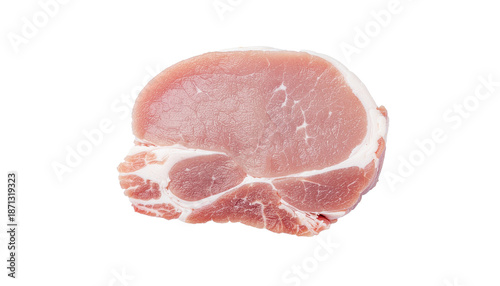 A single raw pork chop cutlet with visible fat marbling, pink and white in color, isolated on a neutral background with png background