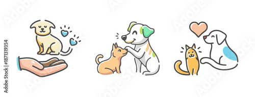 Cute dog and cat illustrations showing pet care, love, and companionship
