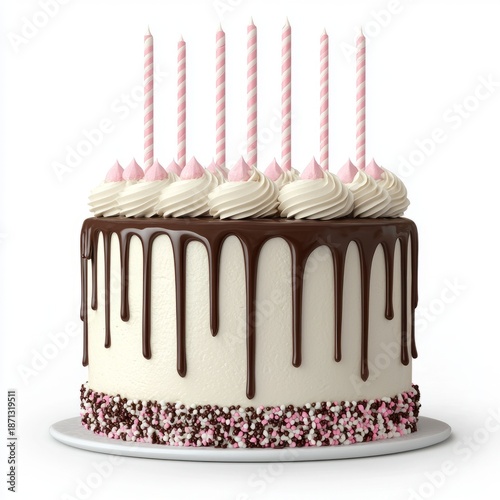 A decorated cake with candles, perfect for celebrations and birthdays.