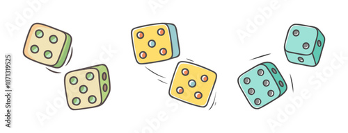 Rolling dice icons in cartoon style, representing chance and luck