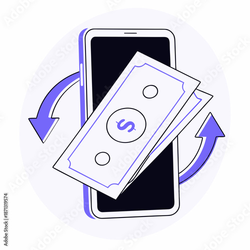 Smartphone displaying stack of banknotes with arrows