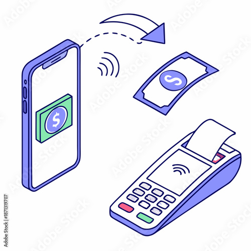Cashless payment scene with flying money from phone to pos terminal