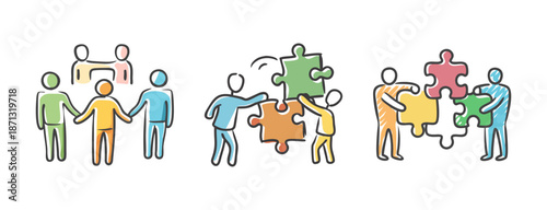 Vector illustrations of teamwork and cooperation using puzzle pieces and connected figures.
