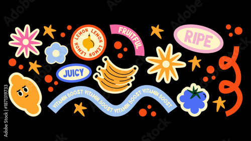 Cartoon doodle Y2K patches and labels in retro 90s style. Funky grunge stickers, stamps and tags with groovy hipster vibe. Vector promo set.