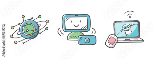 Set of three technology icons: atomic structure, smart device, and laptop with robot.