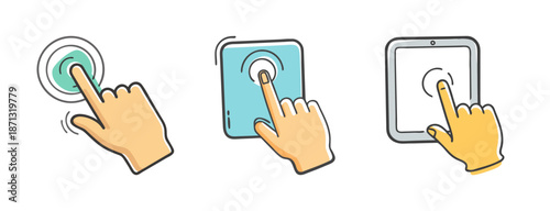 Touch screen interaction icons, finger pressing button on tablet and phone