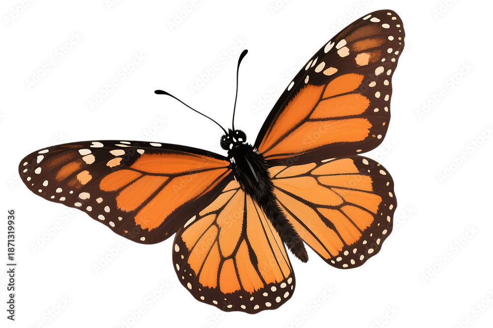 Fototapeta premium Beautiful monarch butterfly with open wings on black