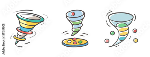 Set of cute, colorful tornado and twister icons with swirling motion.