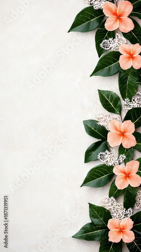 A decorative arrangement of peach flowers and green leaves on a light background.