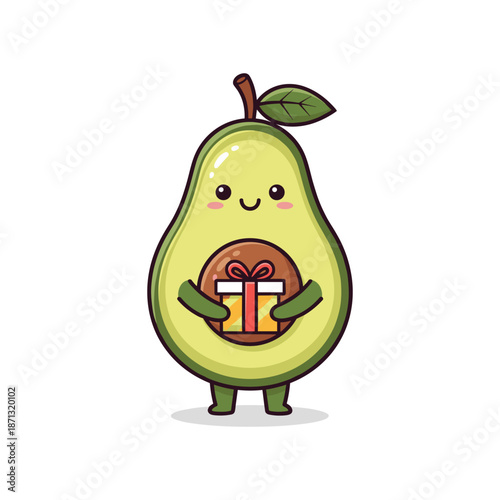 Adorable Avocado Cartoon Character Holding a Gift Box