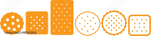 Six orange crackers with white dots on white background