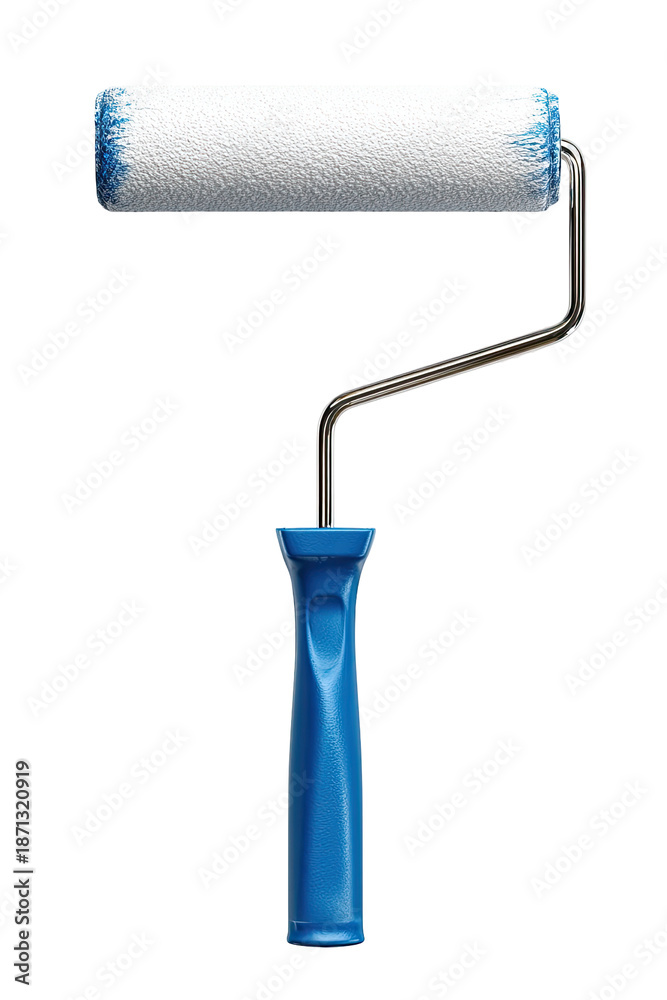 Obraz premium A paint roller, white with a hint of blue, has a metallic handle that connects to a blue grip