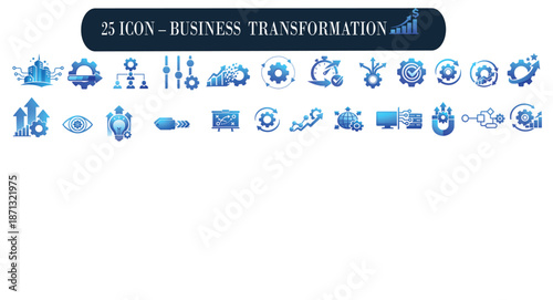 A comprehensive collection of 25 blue icons representing business transformation and process optimization