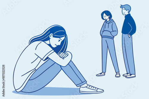 Upset young woman in depression sitting away from friends. Social isolation, loneliness, stress, mental health and negative emotion concept.