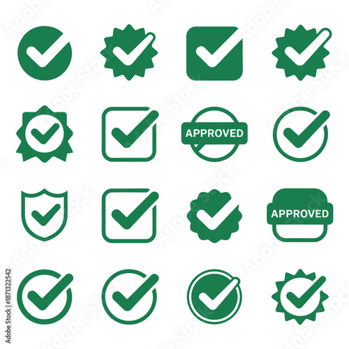 Set of green check mark icons for approval, verification, success, and quality assurance