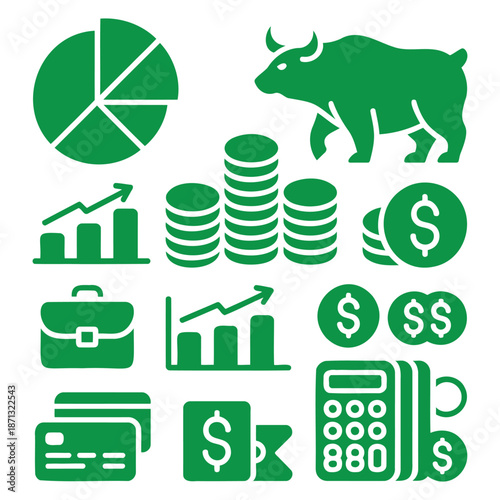 Finance and investment icons set bull market, charts, money, calculator, credit cards
