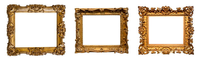 Collection of old baroque frames isolated on a white background. Artistic  frames design element on the theme of art, creativity, painting, photography. Ancient rustic wood frame.
