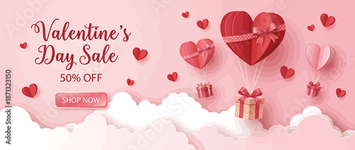Valentine's Day sale banner with heart balloons and gifts