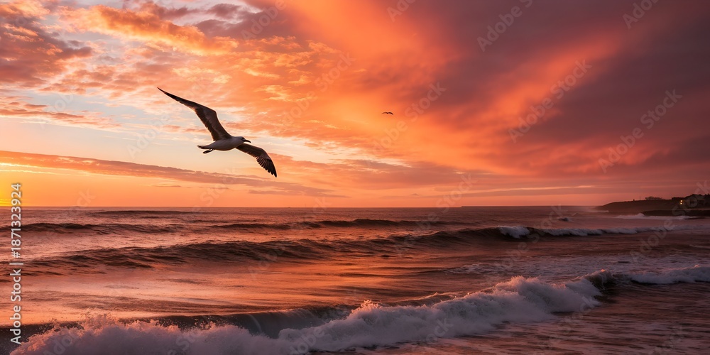 Naklejka premium Seagull gliding above ocean waves at sunset, dramatic sky, golden hour light, cinematic horizon framing, ultra-real coastal nature shot