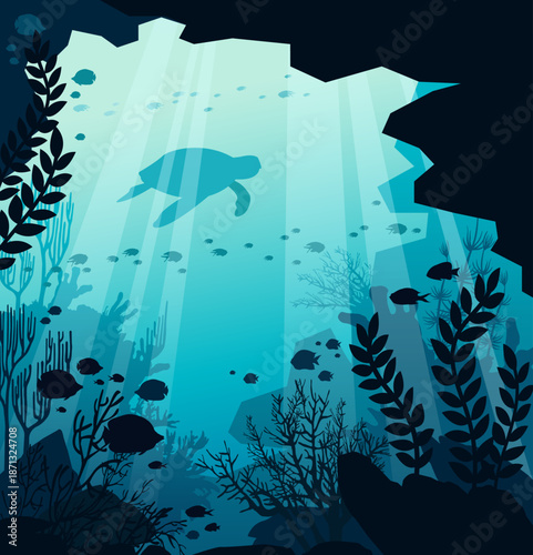 Underwater marine life. Vector illustration with coral reef, underwater cave, fishes and silhouette of turtle. Seascape image.