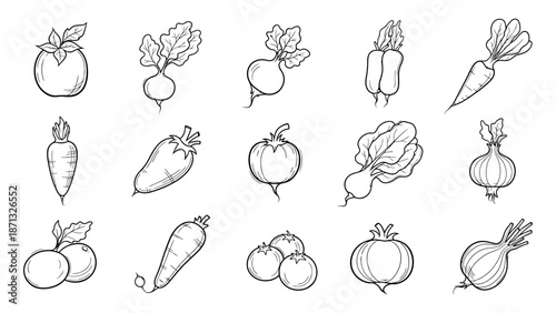 Collection of icons related to vegetables and herbs. Contains icons such as mushrooms, tomatoes and many more. IllustrationEPS 10
