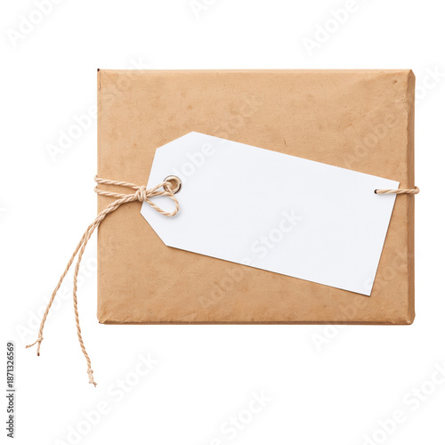 Gift Wrapped in Brown Paper With a Red Ribbon and a Blank Tag on Top