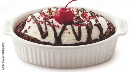 A delicious dessert featuring chocolate, whipped cream, and a cherry on top.