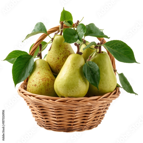 Fresh Pears in a Basket With Green Leaves on a Simple Background