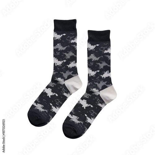 Socks With Gray and Black Pattern Laid out on a Flat Surface