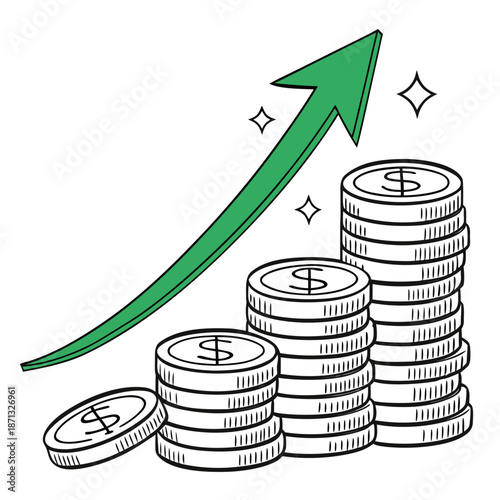 Ascending column of coins with green directional arrow