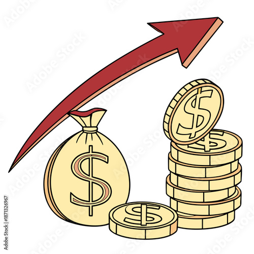 Wealth accumulation symbol with arrow advancing money bag