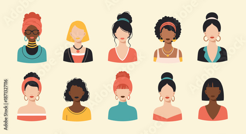 Set of diverse female avatar icons with various hairstyles and skin tones representing different global ethnicities.