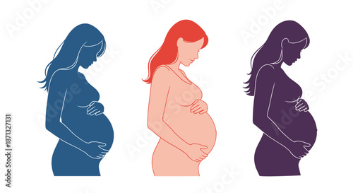 Set of three silhouettes of a pregnant woman in different colors holding her belly on a clean white background.