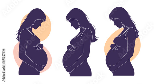Silhouette of a pregnant woman at different stages of her pregnancy journey with colorful circular backgrounds.