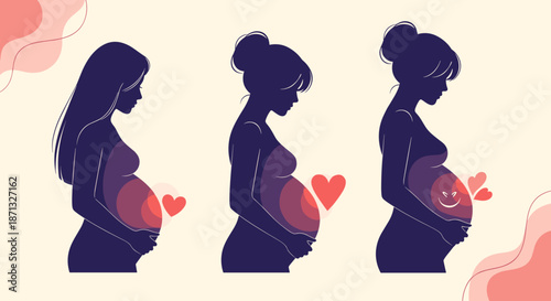 Silhouettes of three pregnant women showing the stages of baby growth inside the womb with hearts for motherhood.