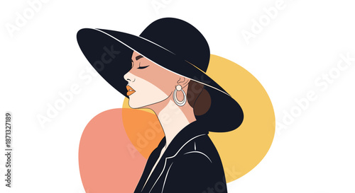 Elegant woman with dark hair wearing a large fashionable black hat and statement earrings against a modern background.