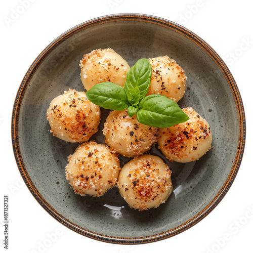 Savory Cheese Balls Served in a Round Bowl With Green Basil on Top