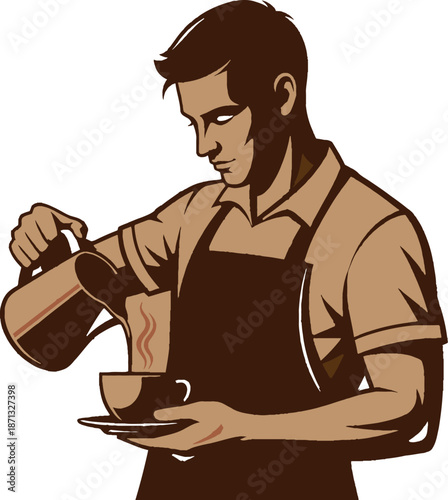 A man in an apron pouring coffee from a pot into a cup on a saucer