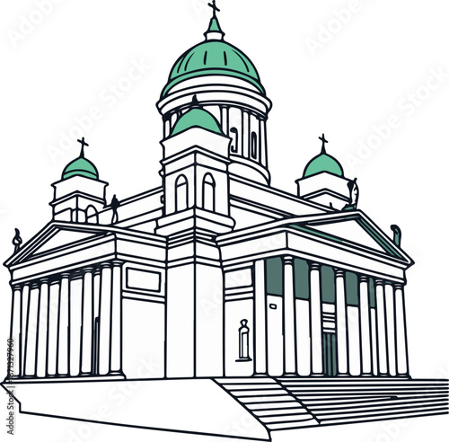 A vector illustration of the church of the holy sepulchre silhouette featuring an old orthodox cathedral dome and cross against a summer sky in a historic European city landmark