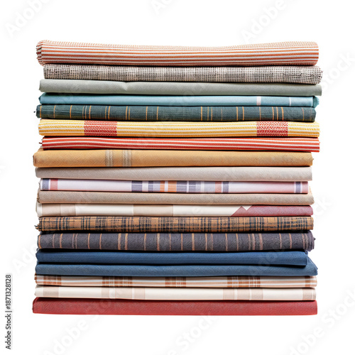 Textiles Stacked Neatly in a Display Showcasing Different Patterns and Colors...
