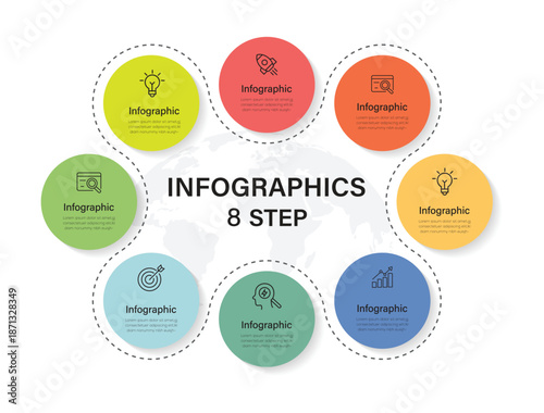 Vector business 8 step process chart infographics with step circles. Can be used for presentation slide. Modern vector info graphic layout design.