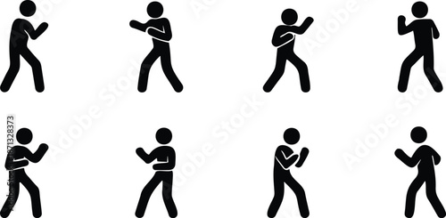 Stickman fighting posture set, Martial arts combat silhouettes, Action battle human icons