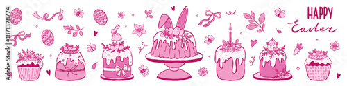 Whimsical pink Easter cakes doodle illustration set. Hand drawn Easter festive bakery and eggs, ribbons elements.
