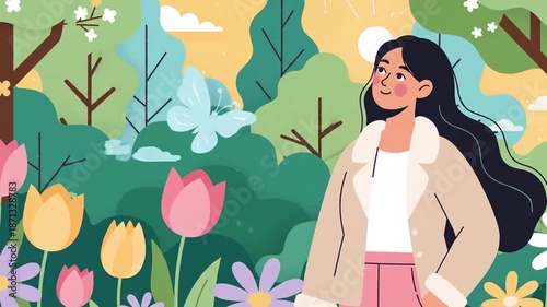 Delightful Spring Stroll Woman Enjoying Blooming Garden With Vibrant Flowers And Sunlight
