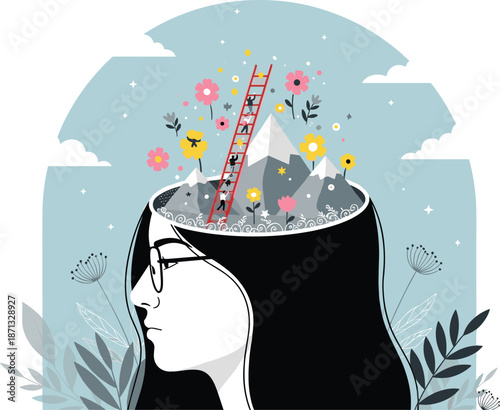 Imagination concept, surreal head, creative mind, inner world, ladder of thought, symbolic art, black vector, abstract, minimal, illustration, profile view, 