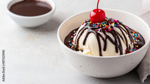 A delicious ice cream sundae topped with chocolate sauce, sprinkles, and a cherry.