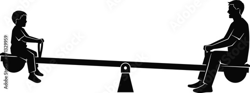 Seesaw silhouette illustration, child and adult, balance concept, black and white art, physics theme, weight distribution, outdoor scene, vector graphic, symbolic design, educational image