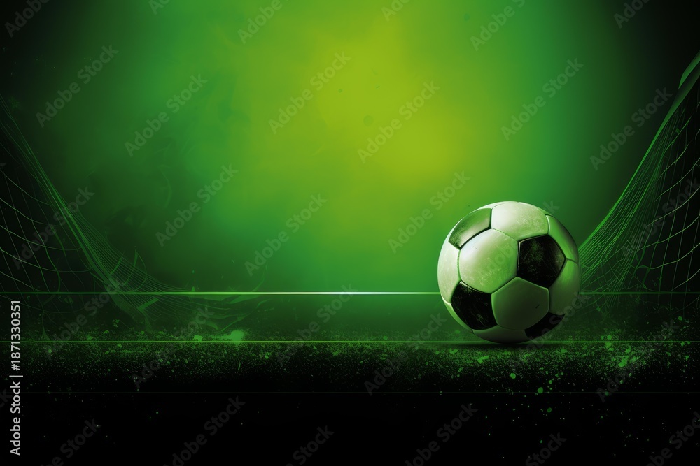 Naklejka premium Soccer ball near a goal net with green glowing dust on a dark background