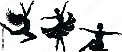 Ballet dancer silhouette set showing graceful dance poses female performers isolated black figures expressing movement elegance on white background