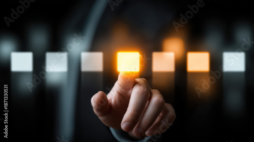 Hand choosing option glowing square business choice decision making technology interface finger touch selection concept innovation focus digital
